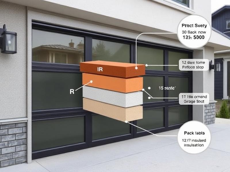 Insulated steel garage door with visible R-value rating and energy efficiency features