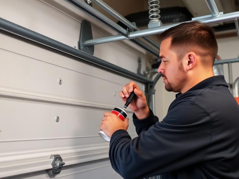 Garage door maintenance inspection with lubrication and safety testing
