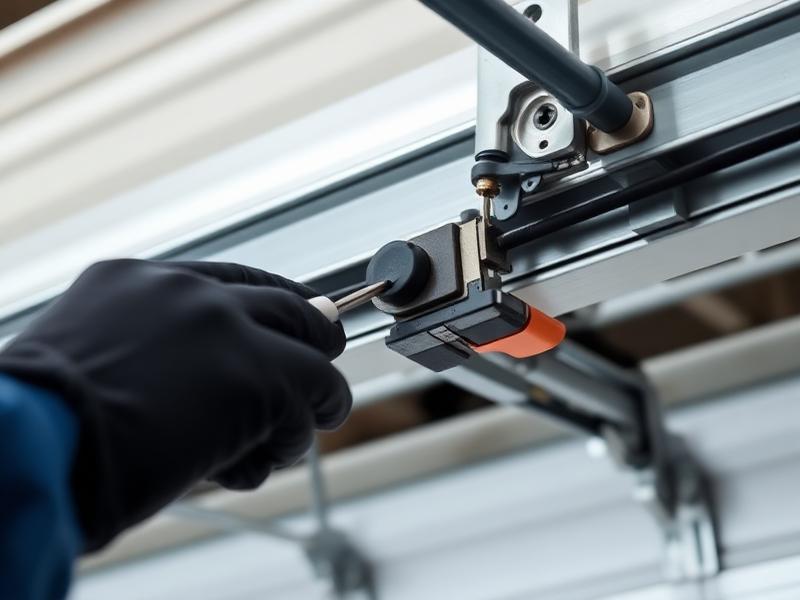 Certified technician repairing garage door spring and cable mechanism